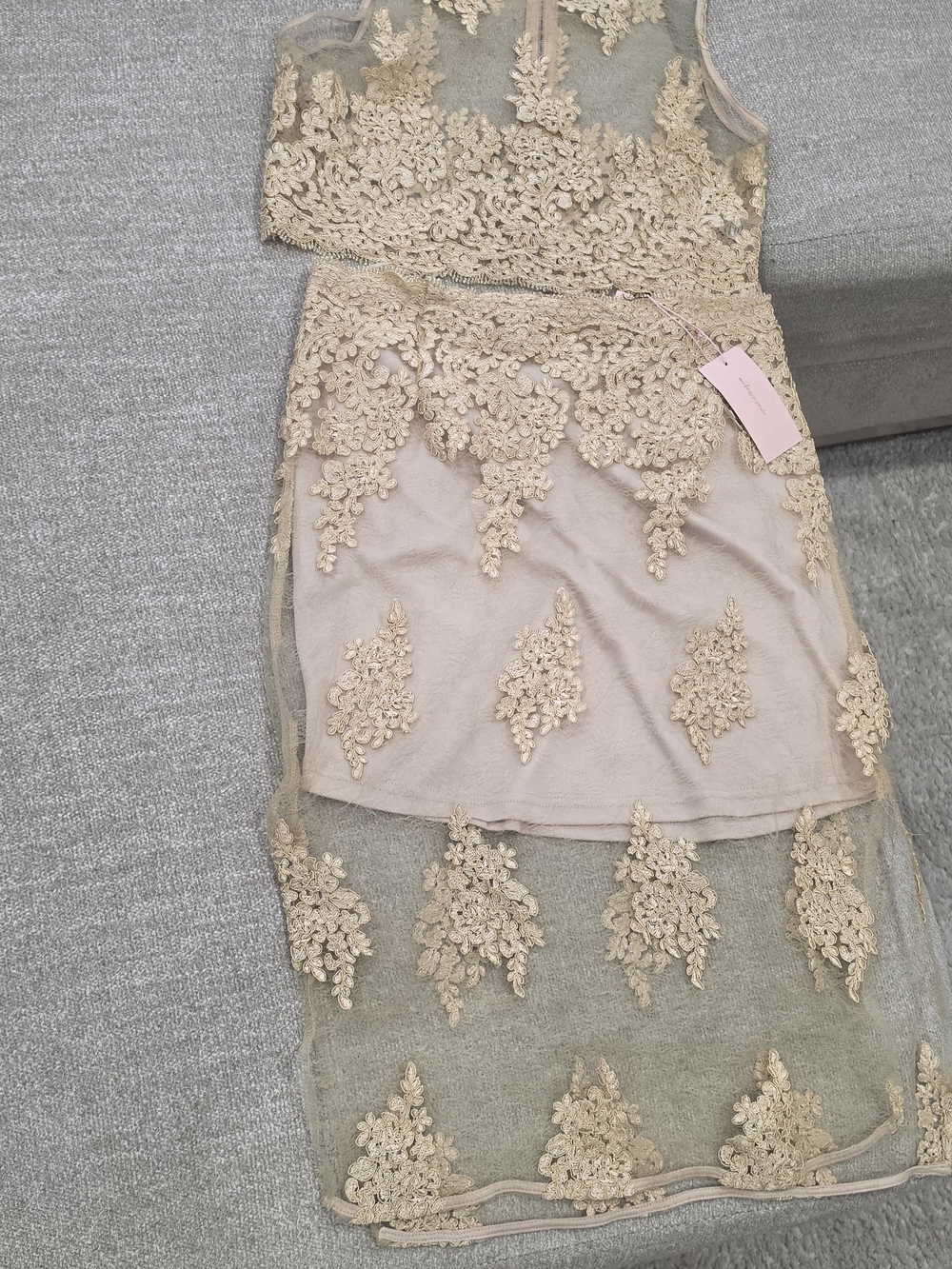 Beige Lace Overlay Midi Skirt & Top set